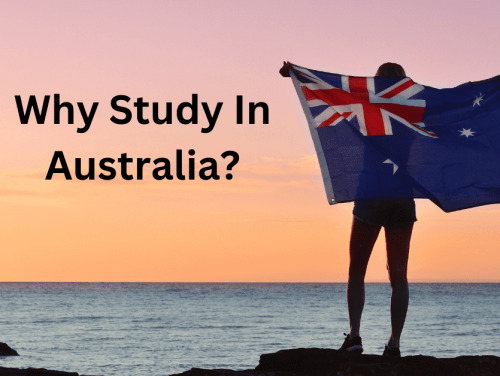 A man is standing with an Australian flag and why study in Australia written on the side.